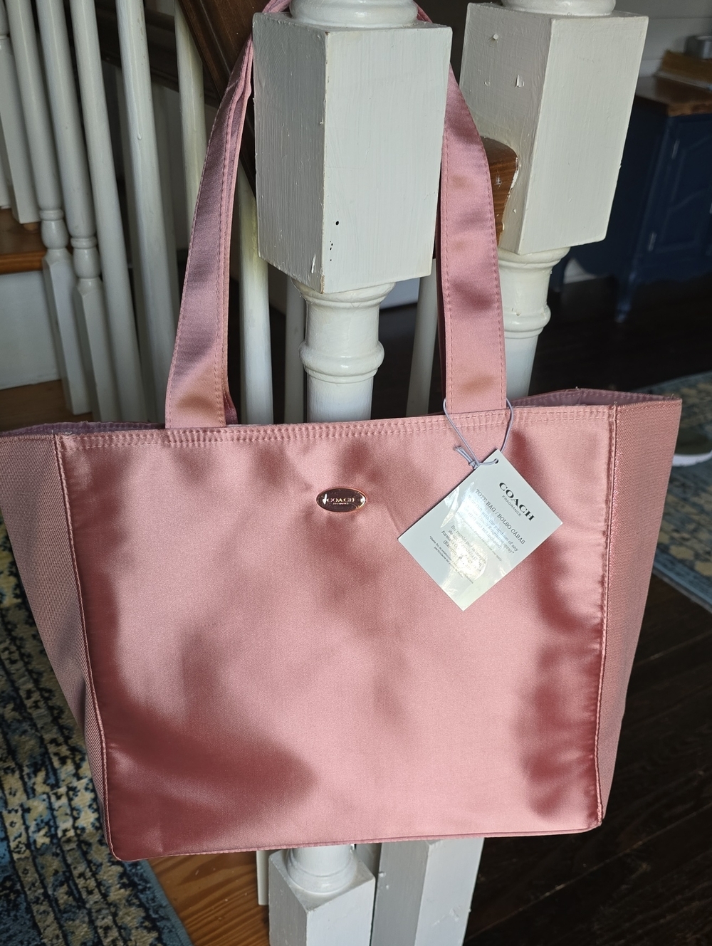 COACH Pink Satin Tote with Logo Plaque